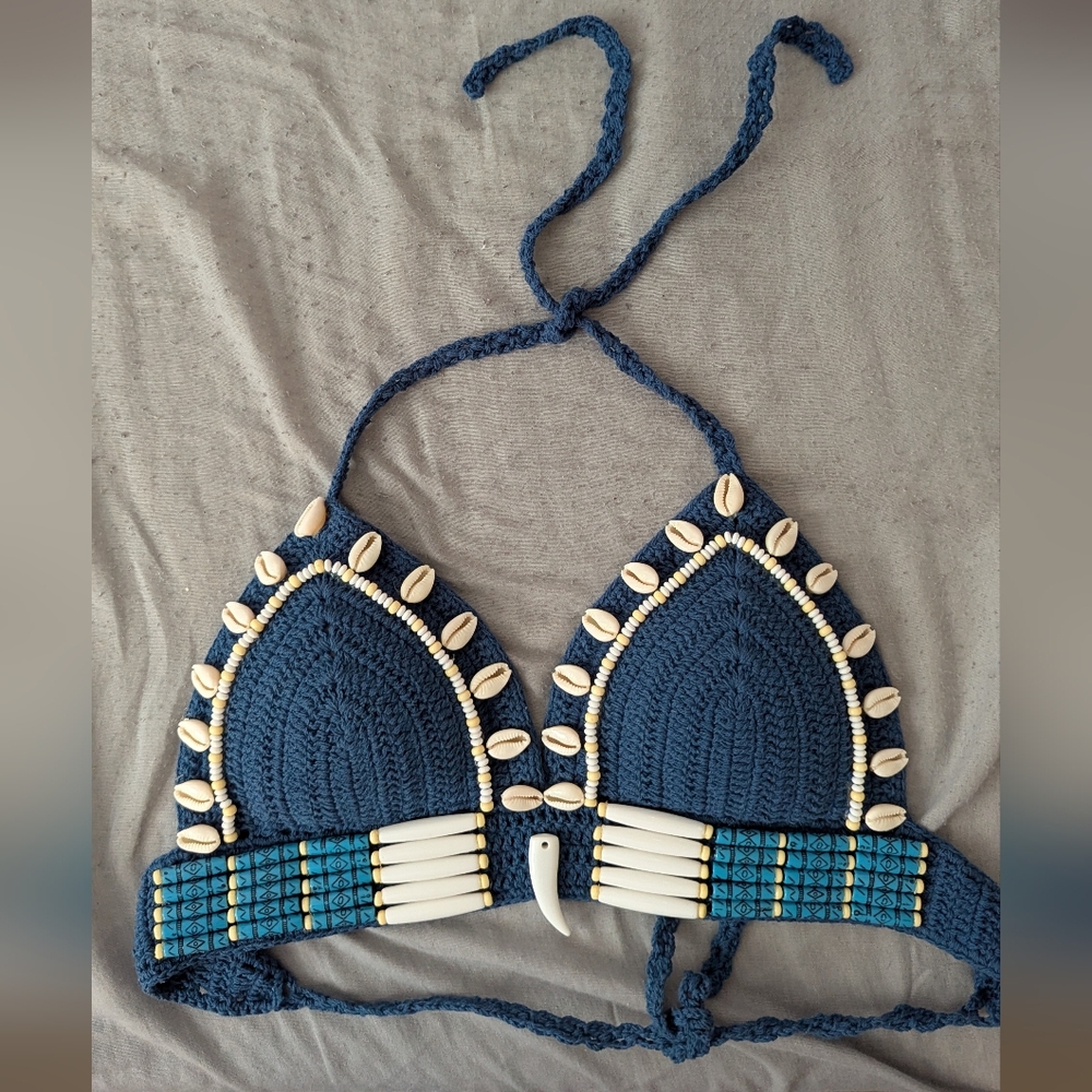 Blue Crochet Bikini Top with Shell Accents